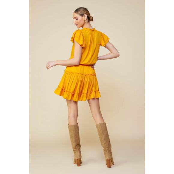 Skies Are Blue Satin Smocked Waist Ruffle Mini Dress Small Gold Cocktail Event - Picture 2 of 8